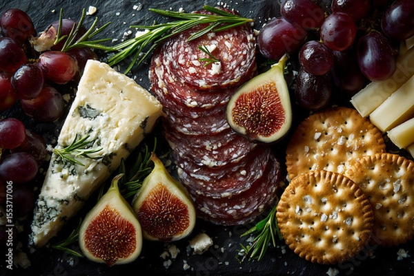 Fototapeta charcuterie board with salami cheese figs grapes crackers and rosemary arranged on dark slate background top down view of elegant gourmet appetizer snack platter for party or wine tasting