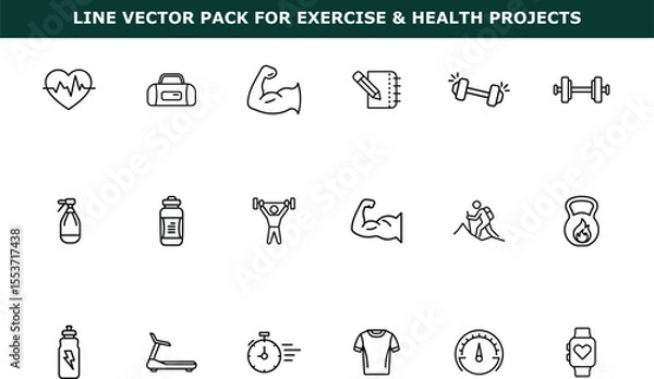 Fototapeta Line vector icons of fitness and health elements including heart rate bag weights treadmill and stopwatch