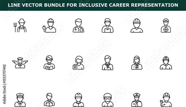 Fototapeta Line vector icons of various professions including farmer electrician doctor pilot teacher and mechanic