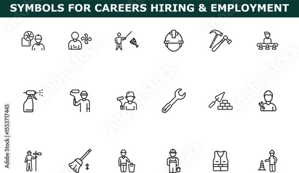 Fototapeta Line art icons of various career symbols including workers tools and equipment for employment
