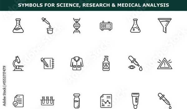 Fototapeta Line icons of science and medical research equipment including beakers, D N A, microscope, and dropper