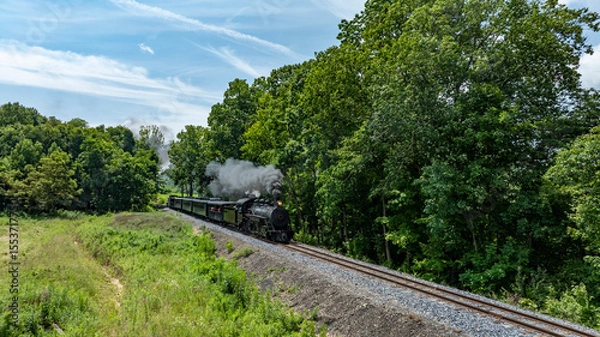 Fototapeta A vintage steam locomotive chugs down the railway tracks surrounded by lush greenery, releasing wisps of steam into the blue sky. The scene captures a nostalgic moment in a serene countryside.