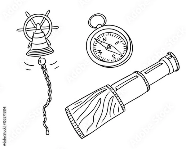 Fototapeta Set of nautical items including ship bell, compass, and spyglass drawn in hand sketched style. Concept of marine exploration, navigation tools, and sea adventure