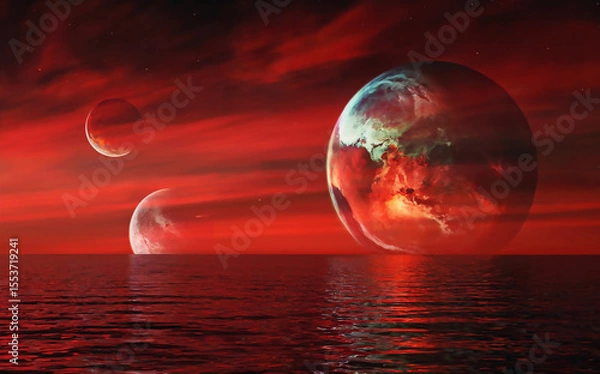 Fototapeta Fantastic seascape with three planets rising from the horizon in a red sky