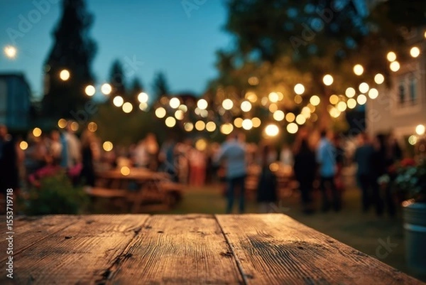 Fototapeta Rustic wooden table outdoors at a gathering