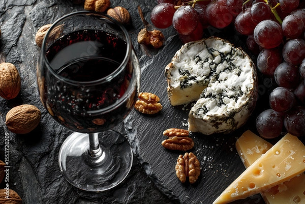 Fototapeta elegant wine and cheese pairing with red wine glass blue cheese grapes walnuts and hard cheese on black slate background gourmet snack for celebration tasting or romantic dinner