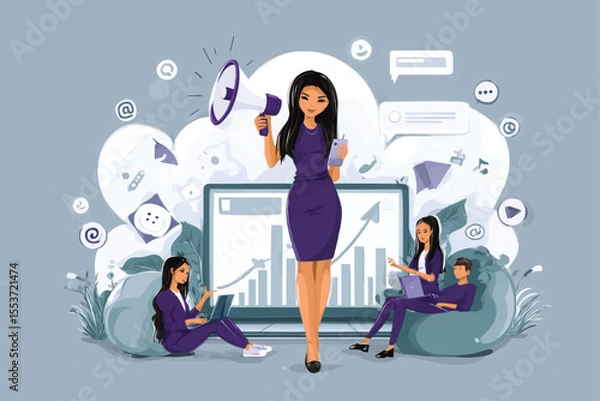 Fototapeta Businesswoman speaking into megaphone with team working in front of laptop