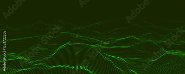 Obraz Abstract stylized digital landscape with various geometric patterns, flowing lines and fluid iridescent waves on a dark background. Vector illustration.