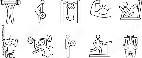 Fototapeta Set of icons for gym strength, fitness machines, bodybuilding, weightlifting, heavy training, exercise equipment, muscle training, bicep, running, customizable stroke, vector, illustration