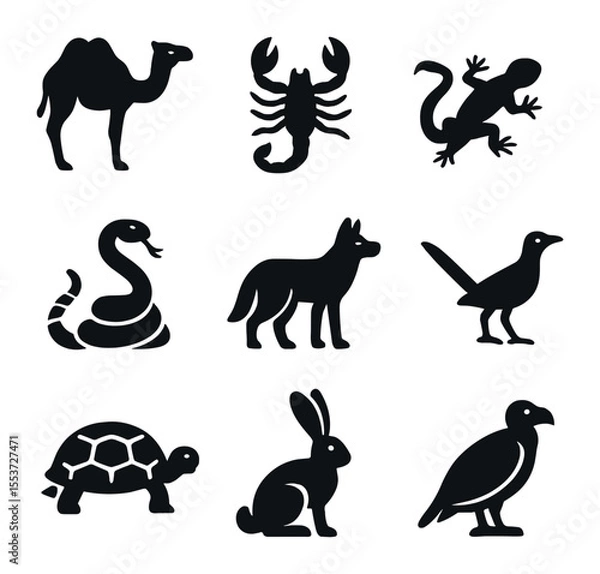 Obraz Desert Wildlife Icons. Solid, filled icons set of desert wildlife: camel, scorpion, lizard, rattlesnake,
