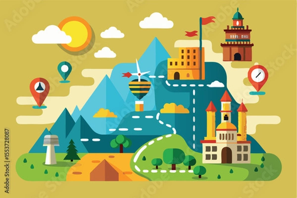 Fototapeta Colorful map illustration highlights various landmarks and activities in a whimsical landscape filled with mountains and buildings