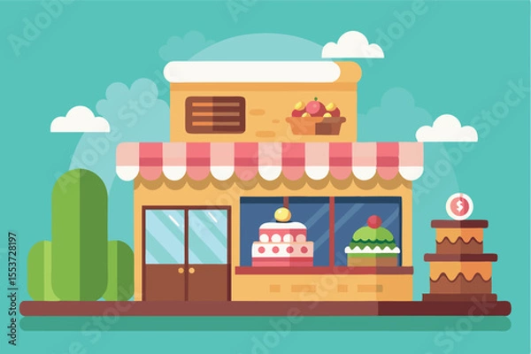 Fototapeta Colorful bakery shop with decorative cakes and sweets on display in a cheerful setting