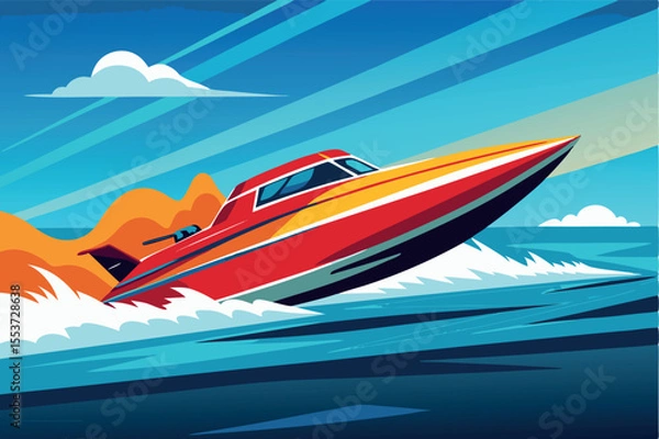 Fototapeta Colorful speedboat cutting through the waves on a sunny day in a coastal landscape