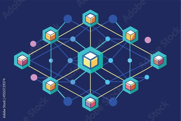 Fototapeta Visual representation of interconnected blocks in a network on a blue background showing data flow and interactions