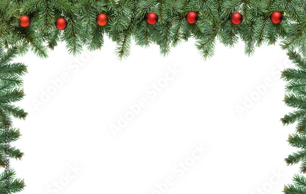 Fototapeta Frame Christmas tree branches with red balls in PNG isolated on transparent background