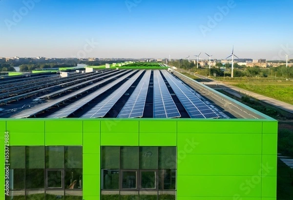 Obraz A vibrant green rooftop with solar panels and wind turbines highlighting sustainable energy solutions.