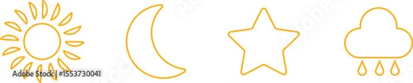 Fototapeta Sun, moon, cloud and star icon set isolated on transparent background. Moon sleeping, sunshine, starshine and rainy cloud. Atmosphere vector illustration. Weather symbols collection for web and app.