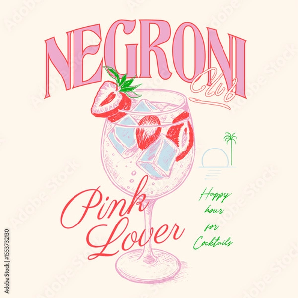 Obraz Negroni cocktail t shirt design. Tropical and exotic drink with citrus. hand drawn Flat vector collection. pink color design. strawberry print design .