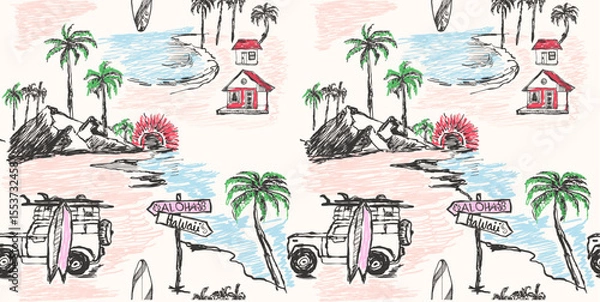 Obraz palm tree pattern design. t shirt summer design.  summer tropical print design. line drawing art. hand drawn palm Leaves background.