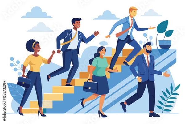 Fototapeta Business leadership concept showing a diverse group of professionals progressing upward on stairs in a modern workplace setting