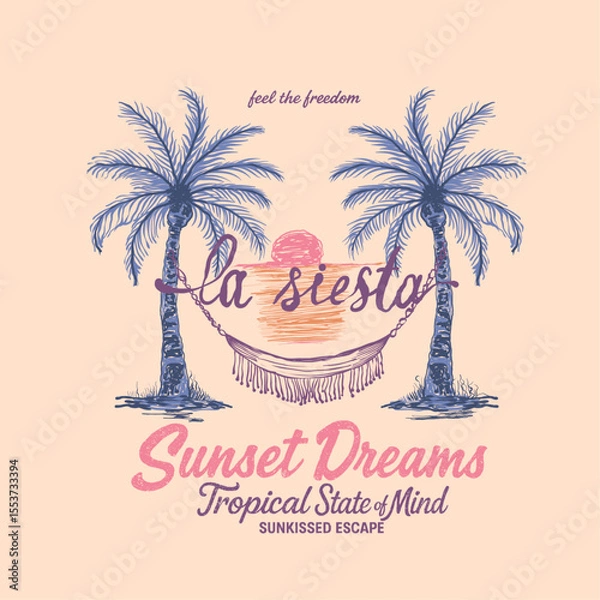 Obraz vintage hand drawn illustration of two palm trees with a hammo. Sunset summert shirt design. womens girls t-shirt design. beach vector graphic tee. tropical palm tree art in hand sketch.