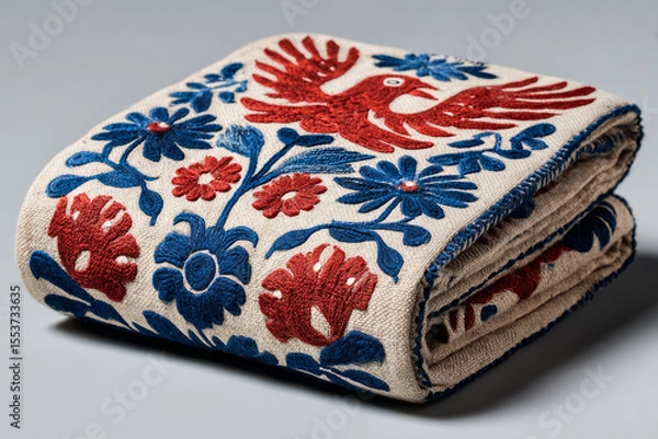 Obraz Folded embroidered textile with folk bird and floral design