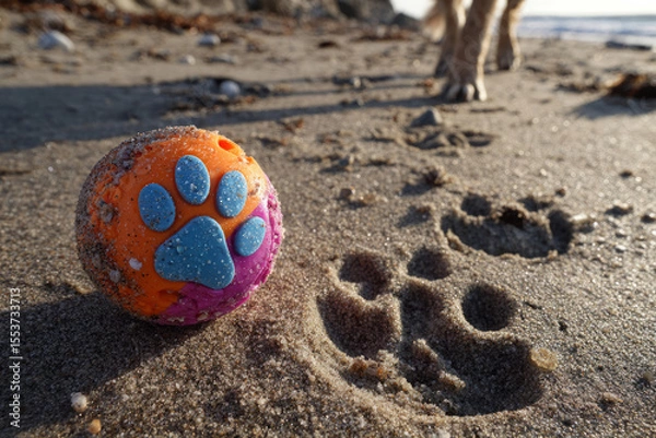Obraz Dog toy in sand next to fresh paw prints at beach