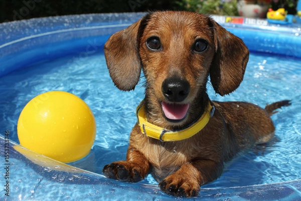 Obraz Dachshund in inflatable pool with yellow ball on summer day