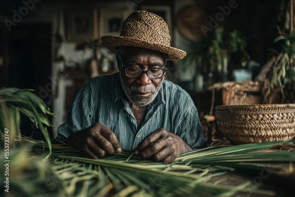 Obraz Elderly man weaving palm leaves by hand in rustic workshop