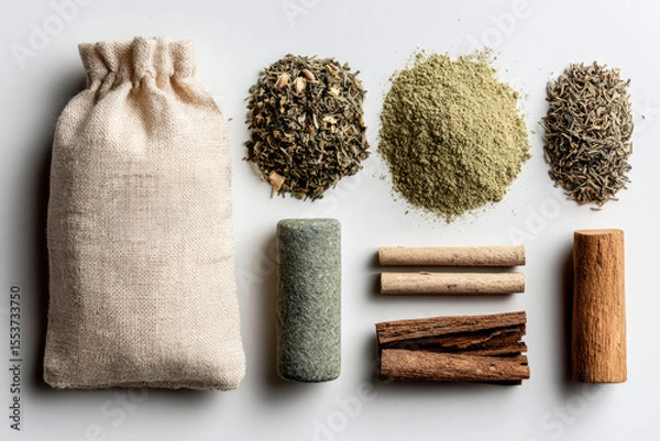 Obraz Dried herbs with linen pouch and incense