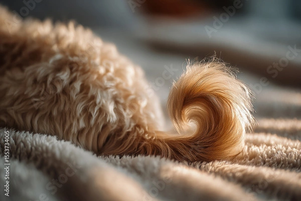 Obraz Curled fluffy dog tail on soft blanket