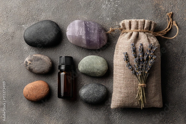 Obraz Aromatherapy set with stones, flowers and oil bottle on textured background