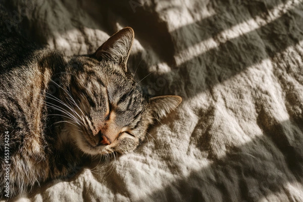 Obraz Cat sleeping peacefully in sunlight on soft linen bedspread