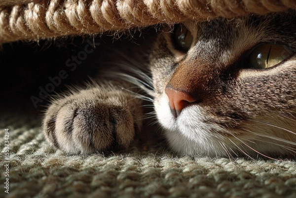 Obraz Cat hiding in shadow under basket with focus on face and paw