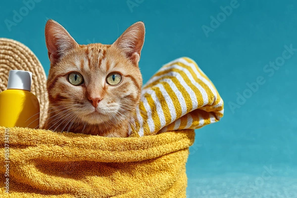 Obraz Cute cat peeking out of towel bag with beach essentials
