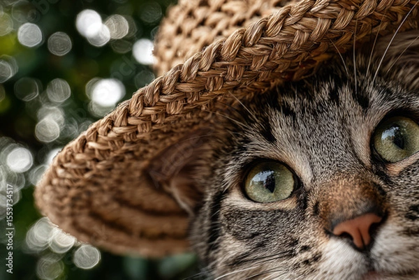 Obraz Cat peeking from straw hat with green eyes in summer light