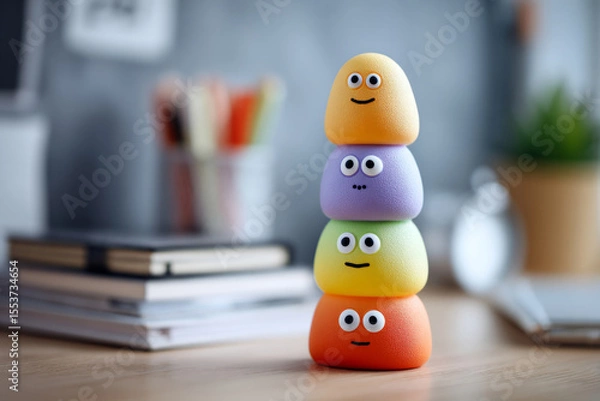 Obraz Colorful squishy toys with funny faces stacked on desk