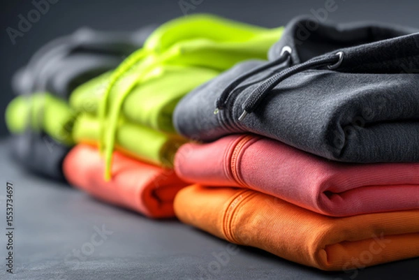 Obraz Folded athletic hoodies in assorted bright and neutral colors on dark background