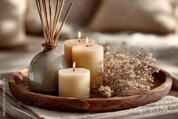 Obraz Aromatherapy candles and diffuser with dried flowers on rustic wooden tray