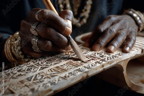 Obraz Artisan hands carving wooden musical instrument with fine chisel detail