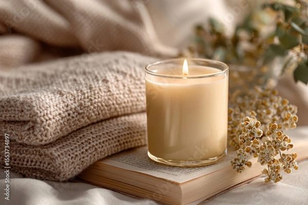 Obraz Burning scented candle with herbs and book on warm neutral background