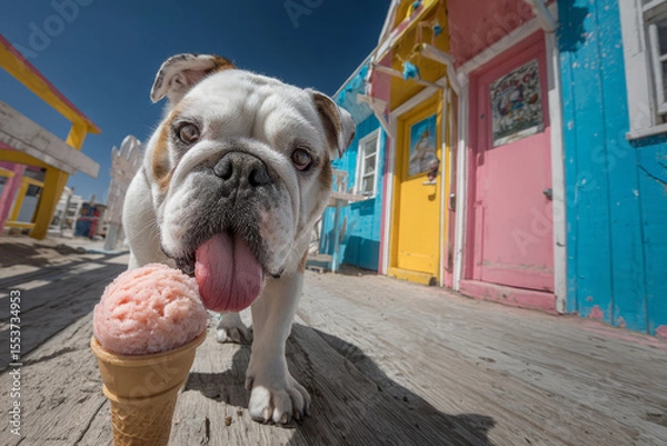 Obraz Bulldog licking ice cream cone in front of colorful beach houses in summer