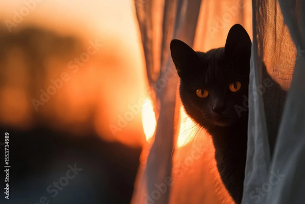 Obraz Black cat peeking through curtain at sunset