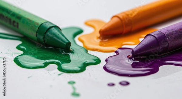 Obraz Melted Crayons: Green, Orange, and Purple Wax on White