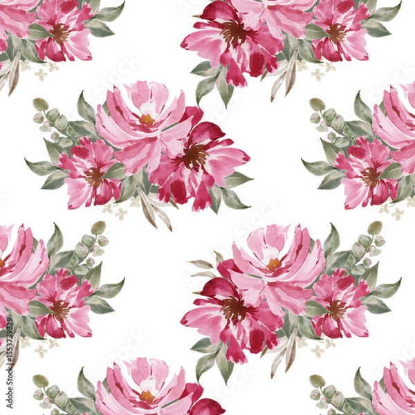 Fototapeta watercolor pattern wildflowers illustration pink with green leaves isolated