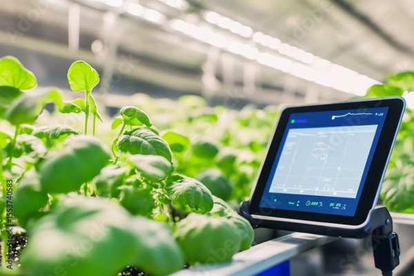 Fototapeta Smart farming concept, close-up of hydroponic plants monitored by a digital tablet displaying growth data