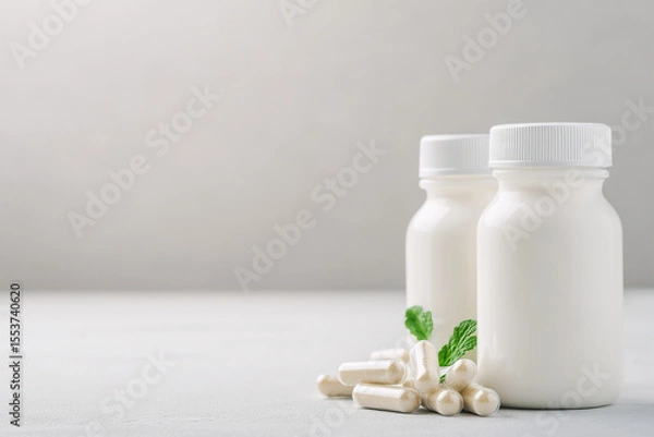 Fototapeta Bottles of white milk yogurt (kefir) and capsules with probiotic on a light background. The concept of an alternative to pills and a healthy diet