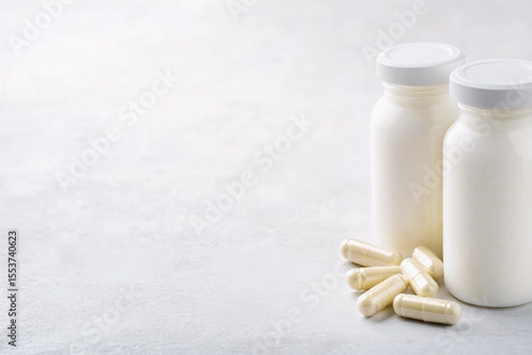 Fototapeta Bottles of white milk yogurt (kefir) and capsules with probiotic on a light background. The concept of an alternative to pills and a healthy diet