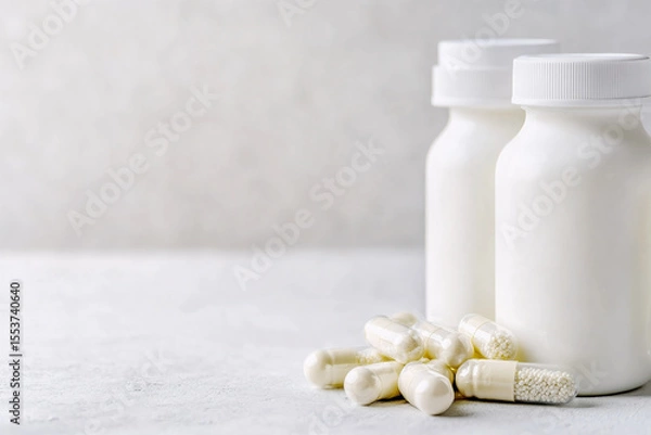 Fototapeta Bottles of white milk yogurt (kefir) and capsules with probiotic on a light background. The concept of an alternative to pills and a healthy diet