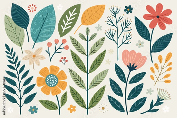 Fototapeta 
Abstract botanical collage with colorful hand-drawn flowers and leaves seamless vector floral pattern in modern minimalist style, Vector modern graphic illustration of colorful flowers and leaves

